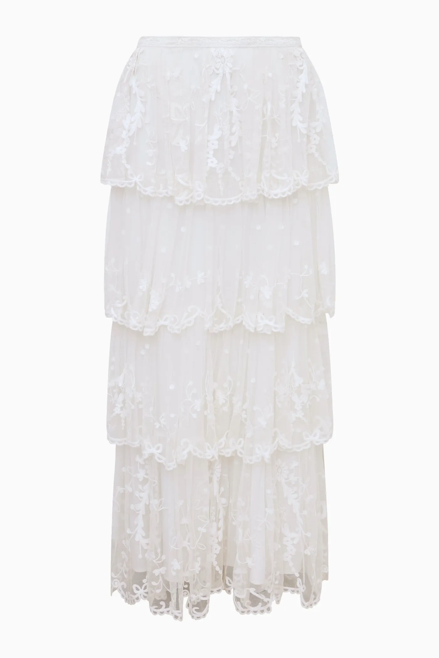 Celesa Embroidered Mesh Tiered Maxi Skirt