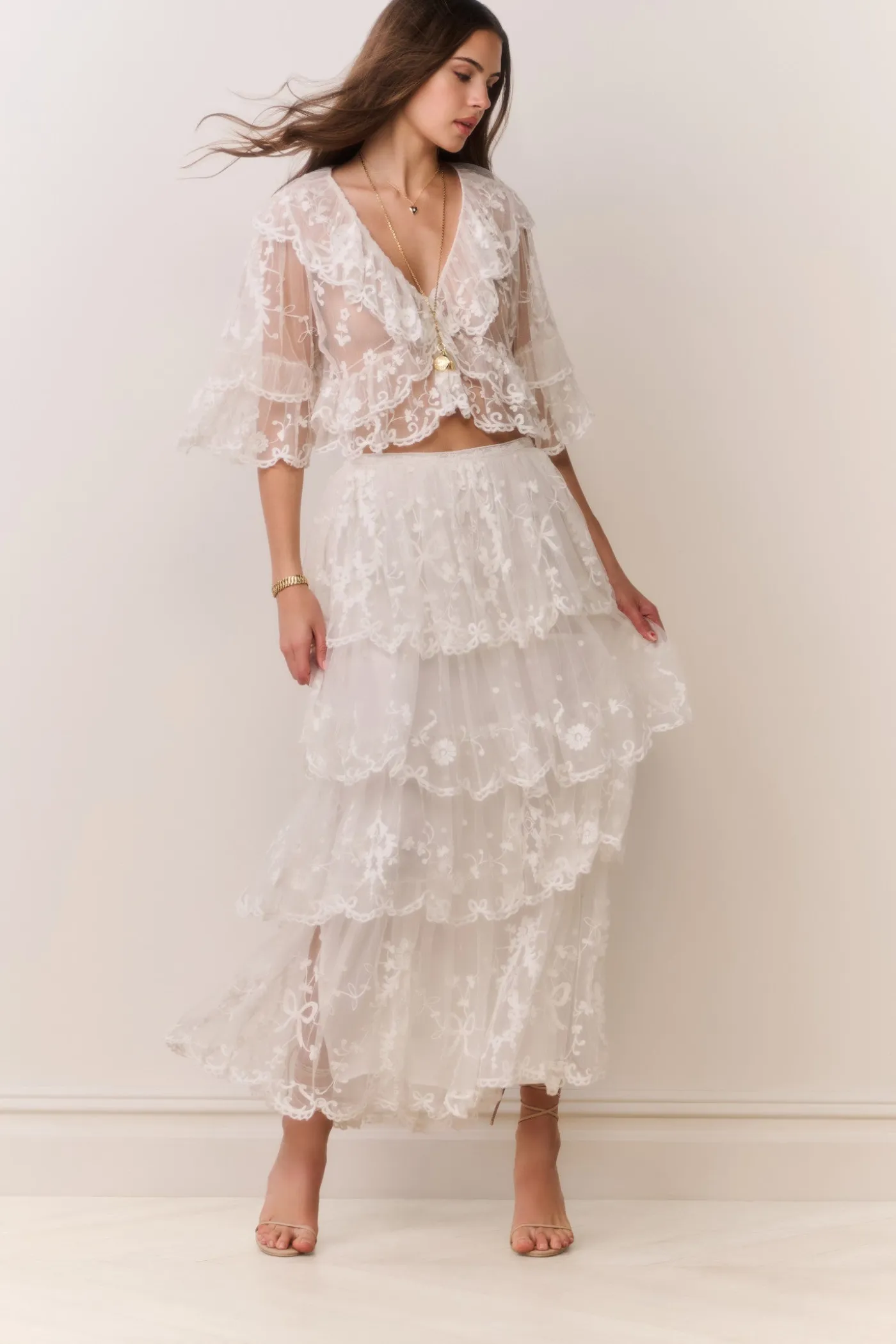 Celesa Embroidered Mesh Tiered Maxi Skirt