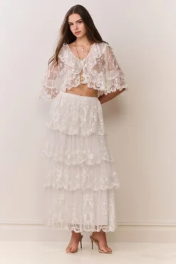 Celesa Embroidered Mesh Tiered Maxi Skirt
