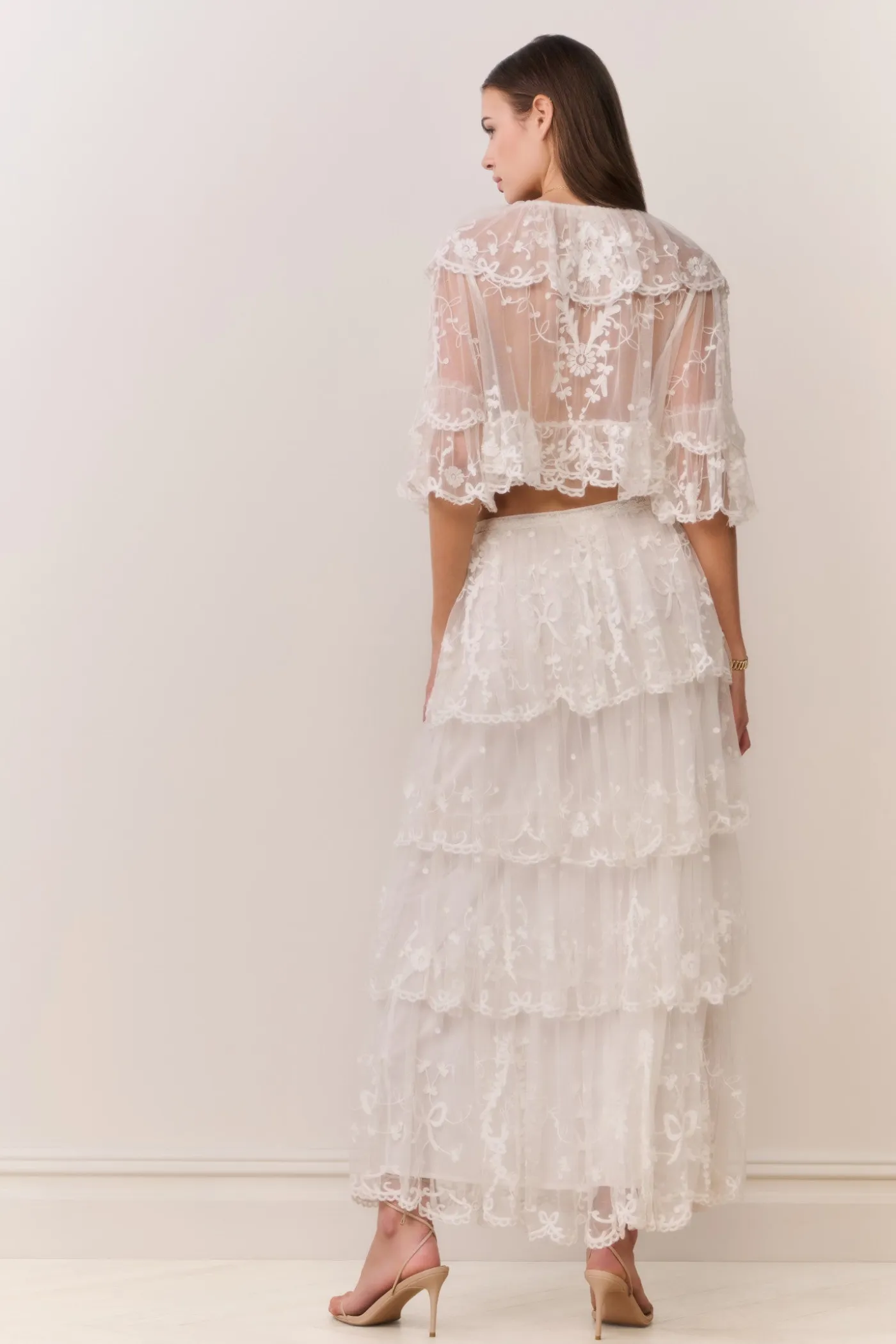 Celesa Embroidered Mesh Tiered Maxi Skirt