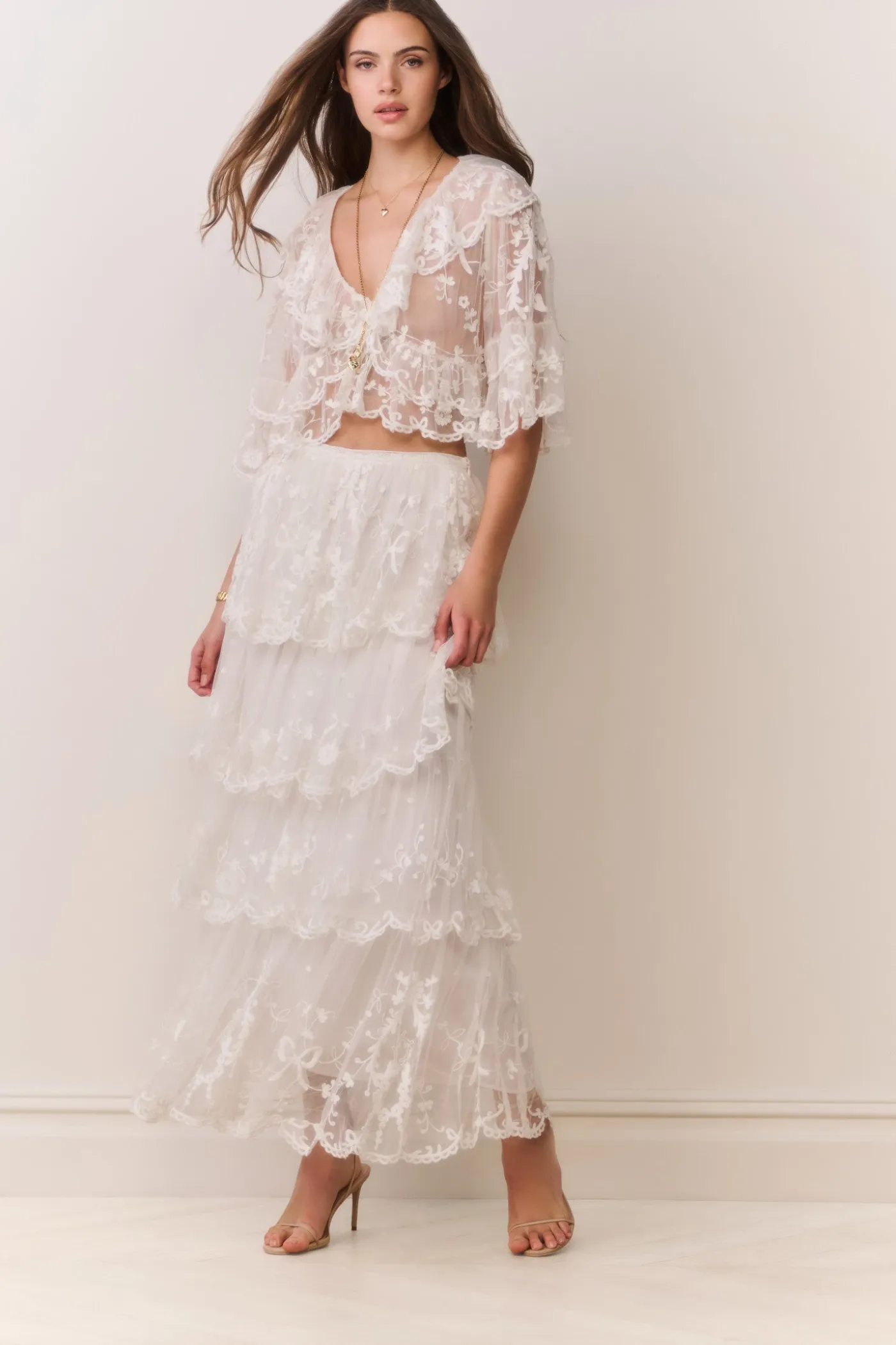 Celesa Embroidered Mesh Tiered Maxi Skirt