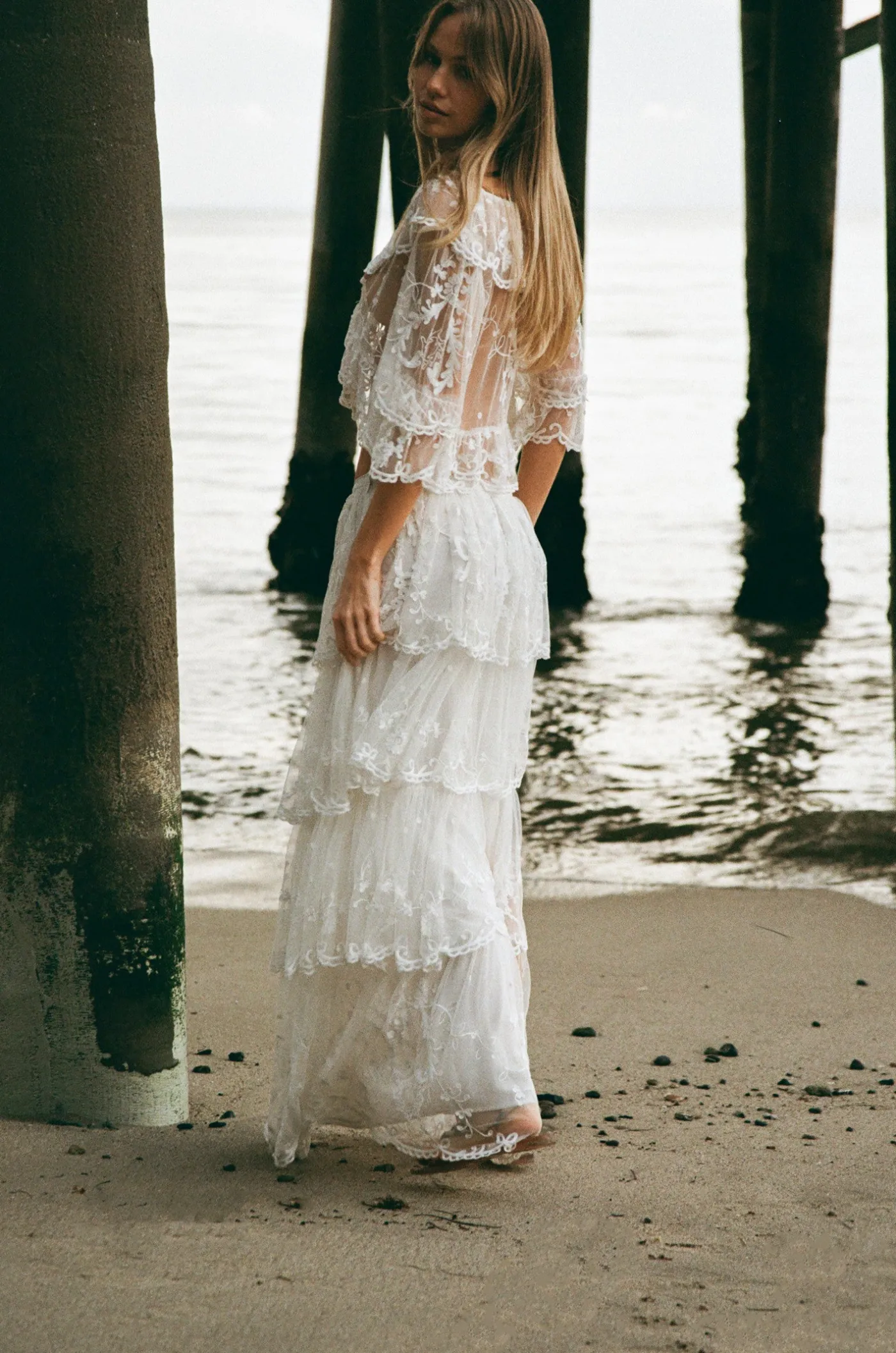 Celesa Embroidered Mesh Tiered Maxi Skirt