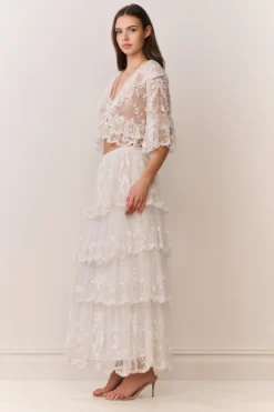 Celesa Embroidered Mesh Tiered Maxi Skirt