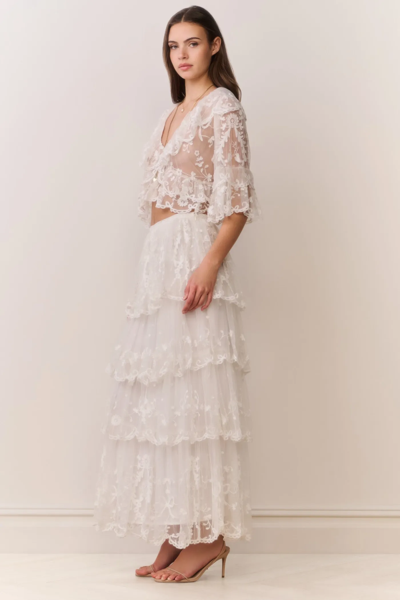 Celesa Embroidered Mesh Tiered Maxi Skirt