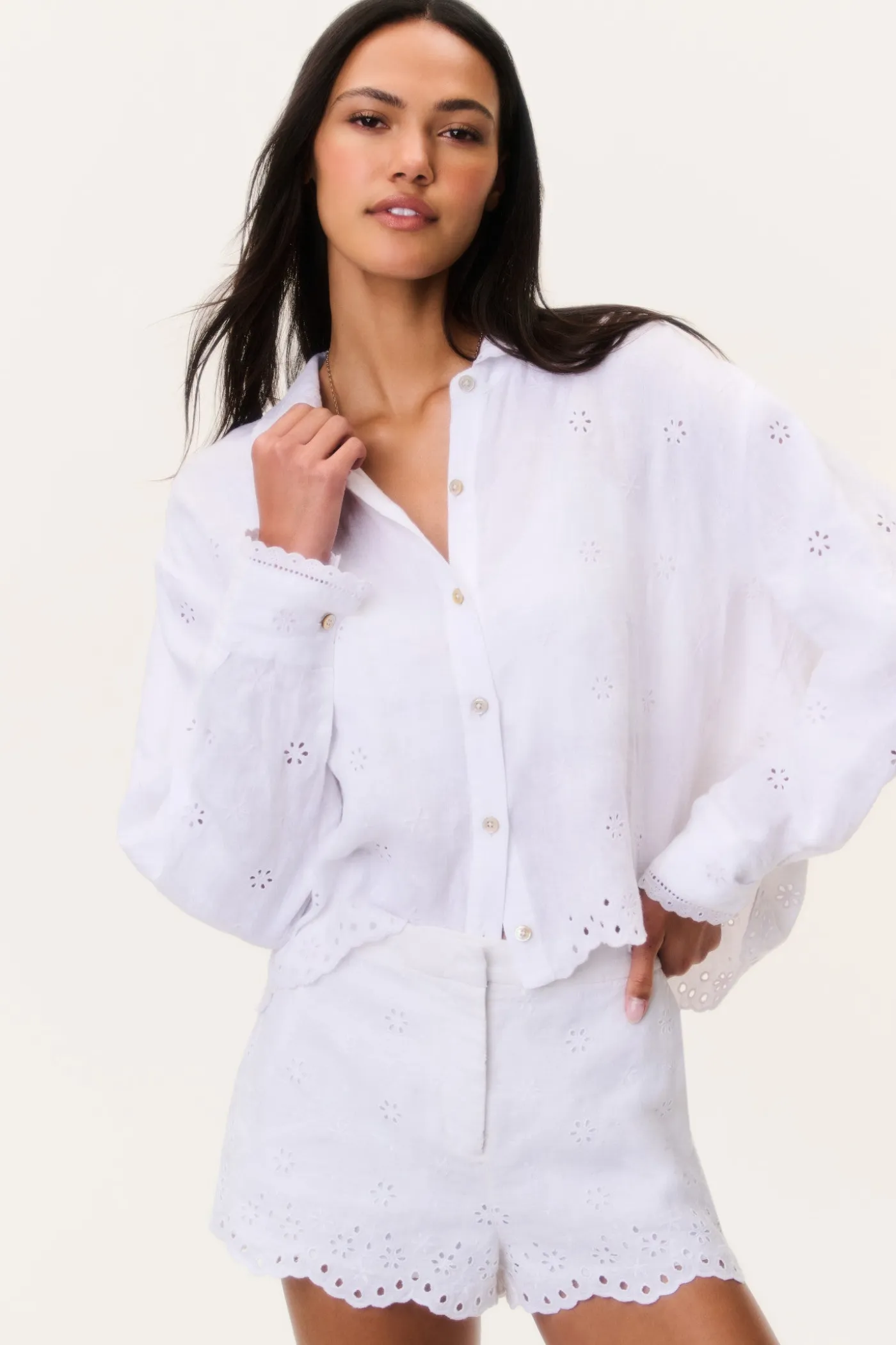 Delano Eyelet Linen Button-Up Top