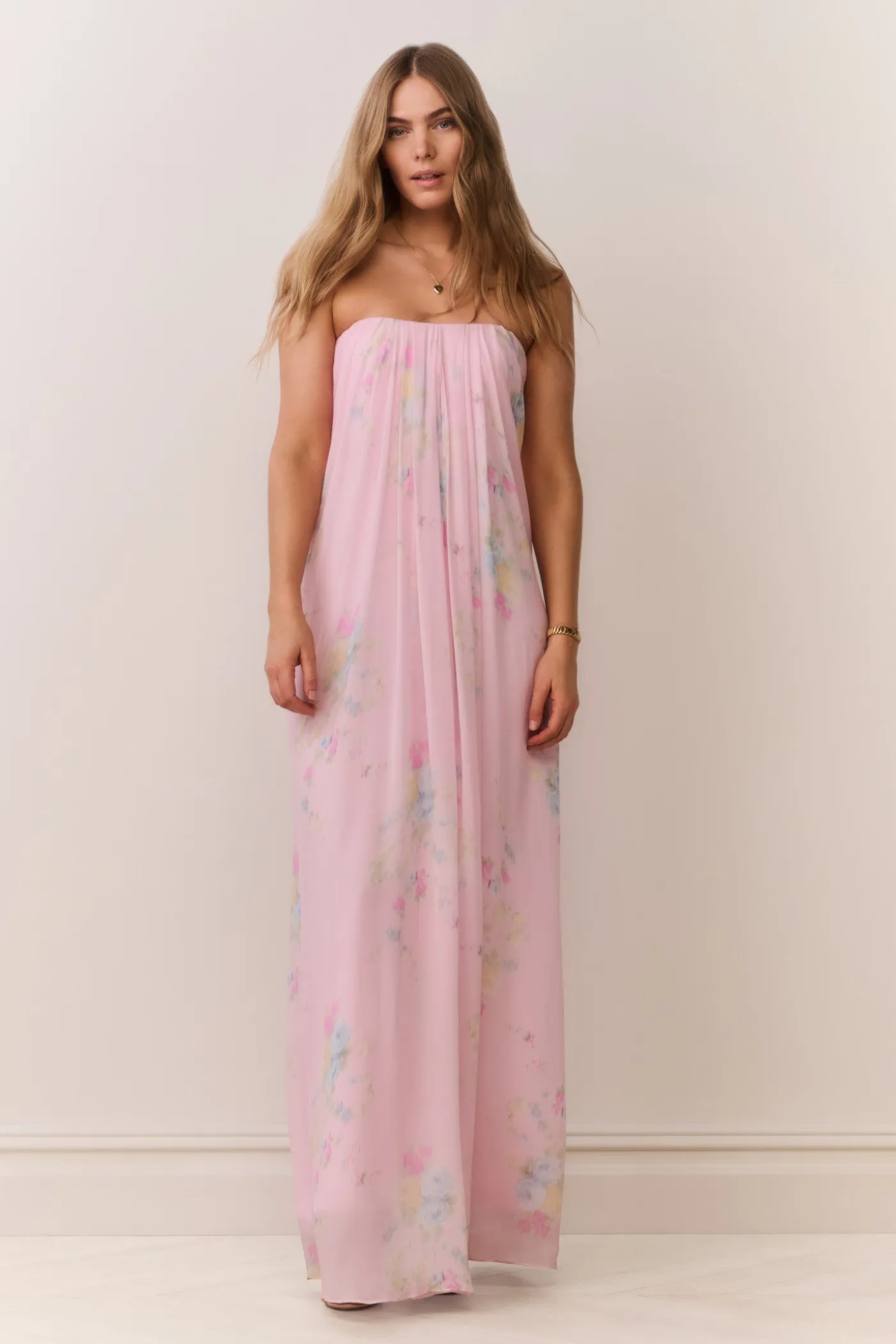 Emara Strapless Floral Chiffon Gown