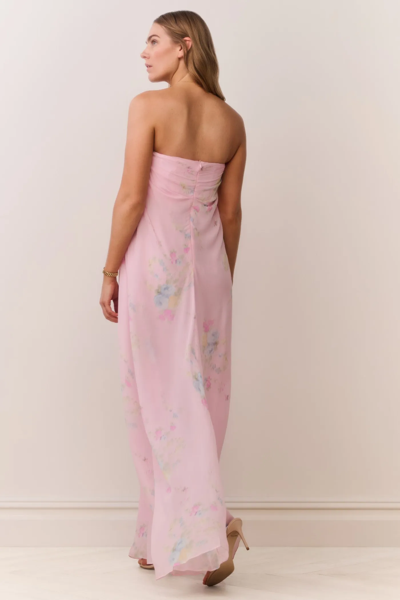 Emara Strapless Floral Chiffon Gown