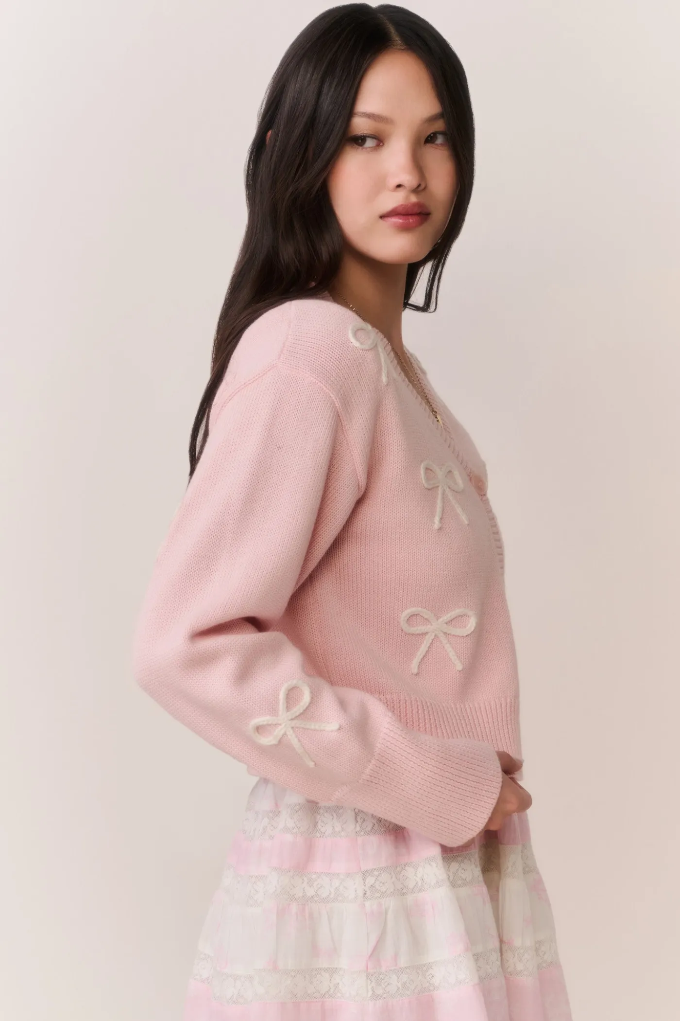 Francette Cotton Bow Embroidered Cardigan