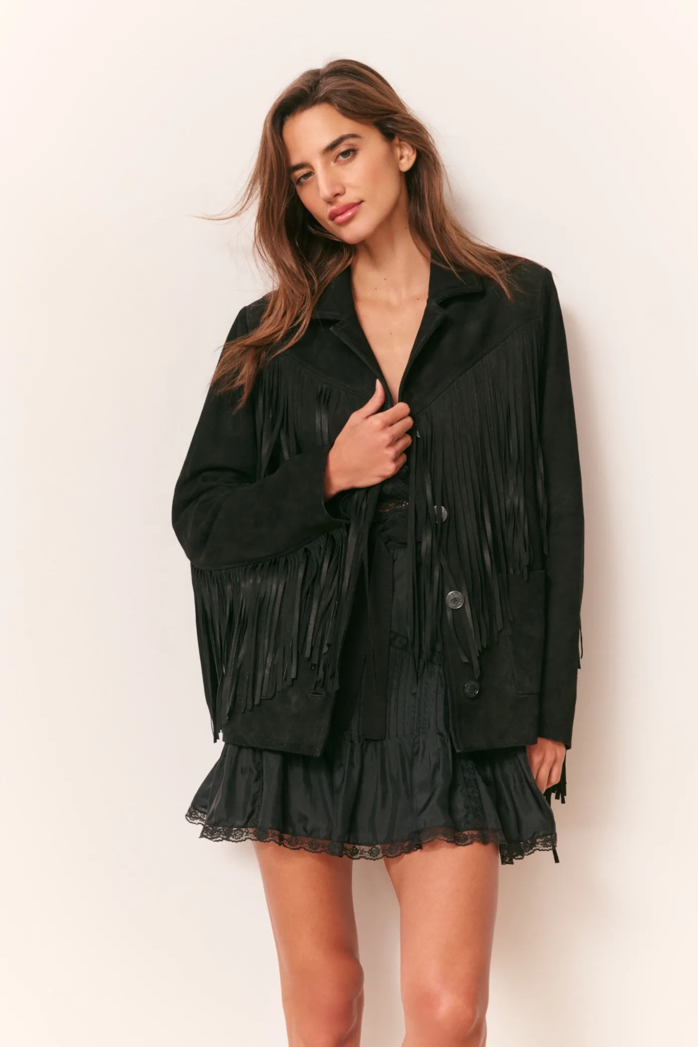 Geraline Black Suede Fringe Jacket